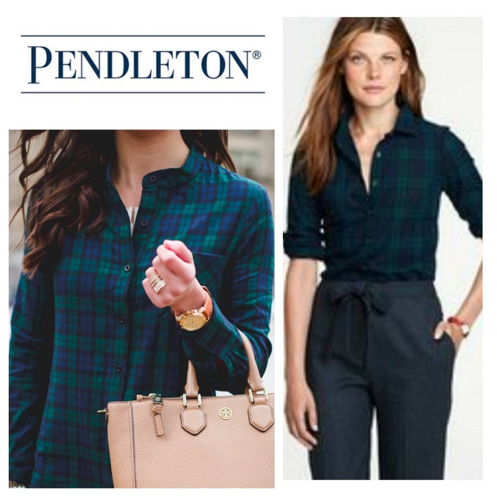 Pendleton 6 Medium Button Down Shirt Top Blackwatch Plaid Green Blue Cotton